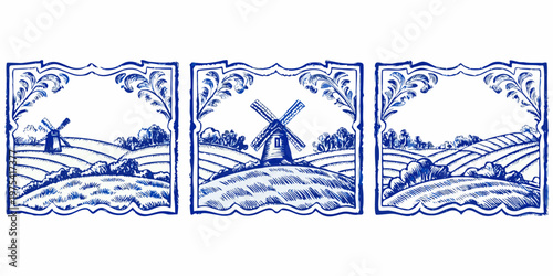 Three blue and white panels depicting idyllic countryside scenes with windmills