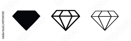 Diamond Gemstone Icon Set in Three Different Line Weight Styles