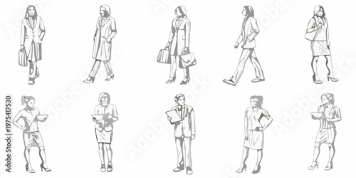A collection of sketched figures depicting diverse professional business attire