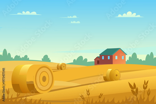 A vibrant cartoon landscape featuring hay bales and a red farmhouse