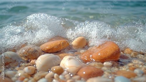 Sea Foam Kissing Smooth Beach Stones in Warm Sunlight