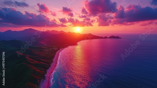 Vibrant Coastal Sunset: Mountains, Beach, and Ocean in Pink and Purple Hues