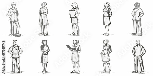 Sketch collection of nine diverse people in business casual attire