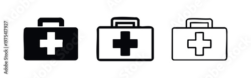 First Aid Kit Icon Set. Medical Emergency Box Symbol in Solid and Outline Hand-Drawn Styles.
