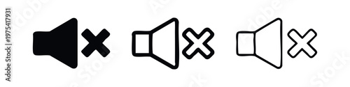 Mute Speaker Icon Set. Audio Off or Sound Muted Symbol in Solid and Outline Styles.