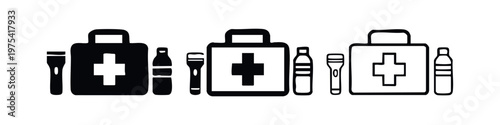 Emergency Survival Kit Icons Set. First Aid, Flashlight, and Water Bottle Symbols in Hand-Drawn Styles.