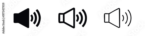 Volume Speaker Icon Set. Audio Sound Symbol with Waves in Solid and Outline Styles.