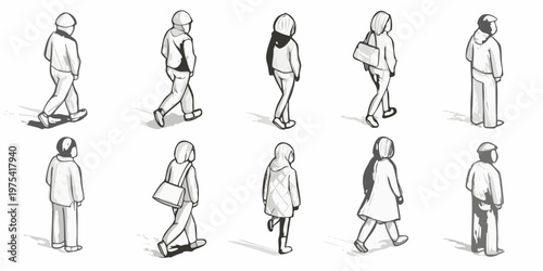 Isometric sketches of people walking in various poses and clothing