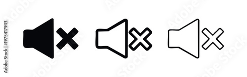 Mute Speaker Icon Set. Audio Off or Sound Muted Symbol in Solid and Outline Styles.