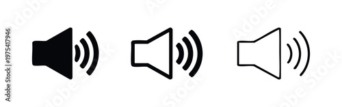 Volume speaker icon set with sound waves, audio output symbol in various styles for media control