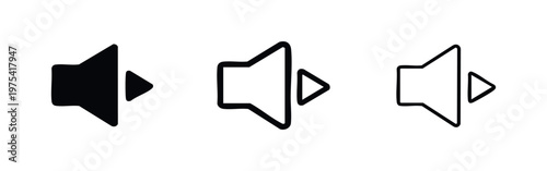 Speaker with play arrow icon set, audio playback symbol in various styles for media applications