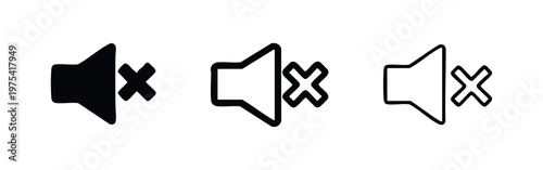 Mute speaker icon set, volume off symbol in various styles for silent mode or audio control