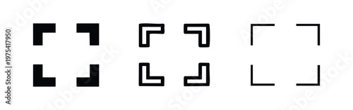 Corner bracket icon set in varied styles, framing and quotation mark symbols for design elements