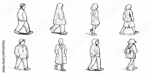 Sketch of eight people walking in various casual outfits