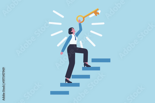 Woman climbs stairs towards a golden key symbolizing success and opportunity