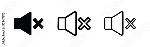 Mute speaker icon set, volume off symbol in various styles for silent mode or audio control