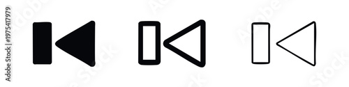 Previous track and rewind button icon set for media control in various styles, player navigation