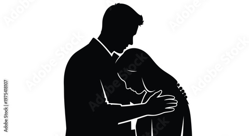 Minimalist vector graphic illustration featuring a supportive man comforting a grieving woman by placing his hand gently on her shoulder in a tender emotional embrace