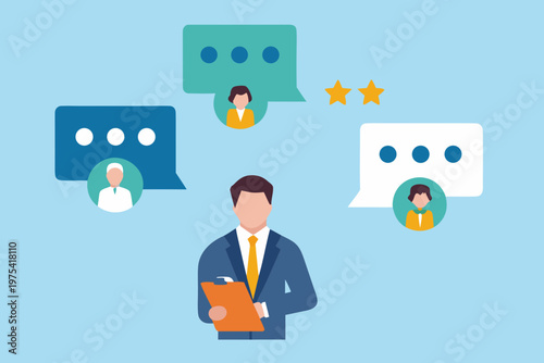 People communicating in a digital environment with speech bubbles and stars