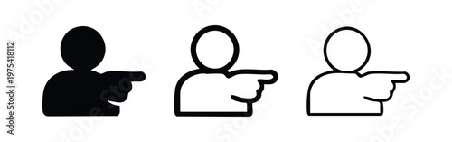 Person pointing right icon set, indicating direction, selection, or attention, in various design styles