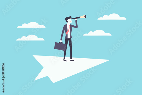 Businessman looks through binoculars atop a paper airplane envisioning success