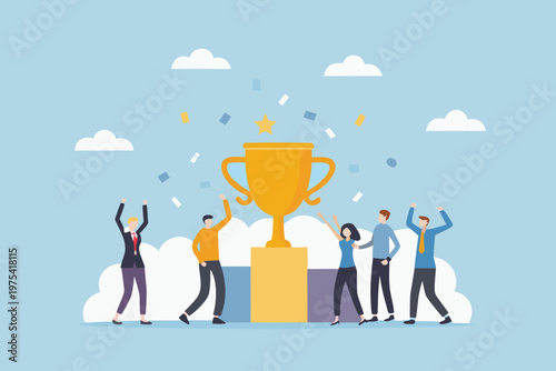 Team celebrates a victory with a golden trophy and confetti falling