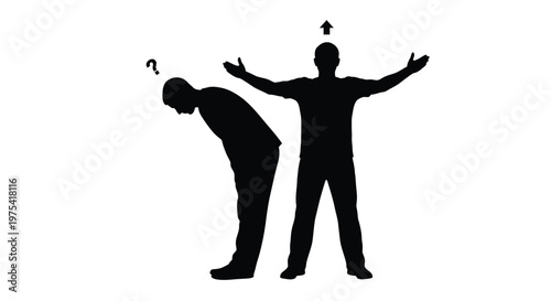 This compelling vector graphic illustration depicts two male silhouettes, one confused and looking down, the other with a clear upward arrow indicating solution and progress.