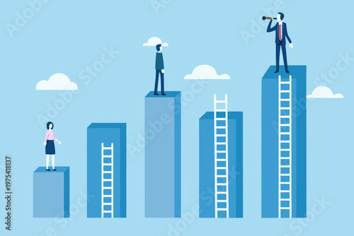 Businesspeople ascending different height platforms symbolizing career progression