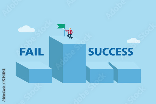 Businessperson reaches the summit overcoming obstacles to achieve success