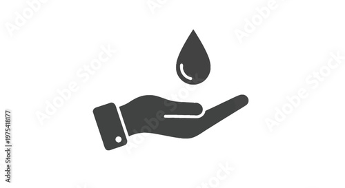 Modern vector graphic illustration depicting a human hand gently catching a single water droplet, symbolizing care, cleanliness, hydration, and resource management.