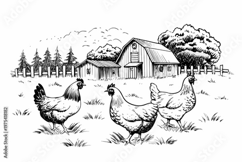 A vintage farm scene depicting a barn with chickens in a field