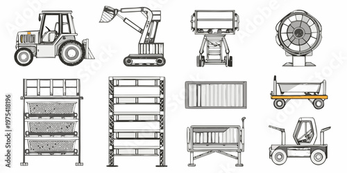 Technical illustrations of various construction and agricultural machinery parts