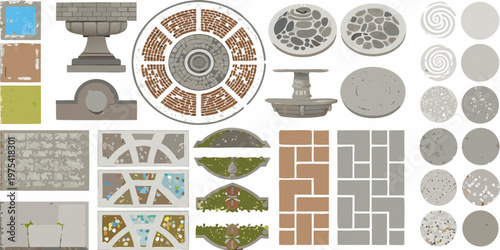 Collection of isolated fountain and stone texture design elements
