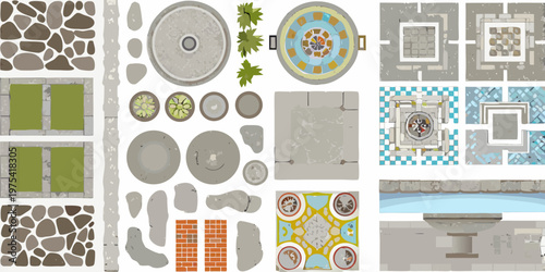 An overhead arrangement of various decorative tile and fountain designs