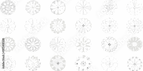Collection of delicate grayscale snowflake like floral patterns on white