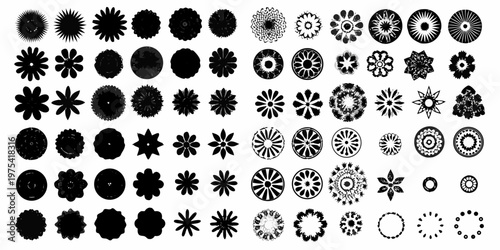 Collection of diverse circular floral and geometric patterns in black and white