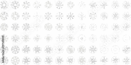 Collection of delicate grayscale snowflake illustrations arranged in a grid pattern