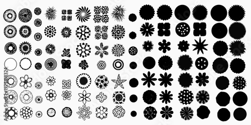 Collection of diverse abstract floral and circular black and white designs
