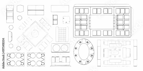 Blueprint of various geometric shapes and architectural elements in line art
