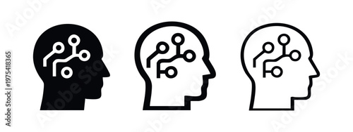 Artificial intelligence (AI) and human head icons set. Brain network and machine learning concept vector illustration.