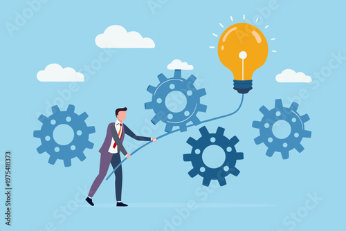 A businessman pulls an idea represented by a glowing lightbulb