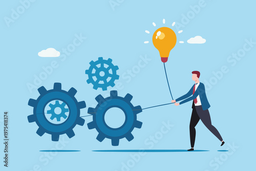 Man pulling gears towards a lightbulb symbolizing innovation and problem solving
