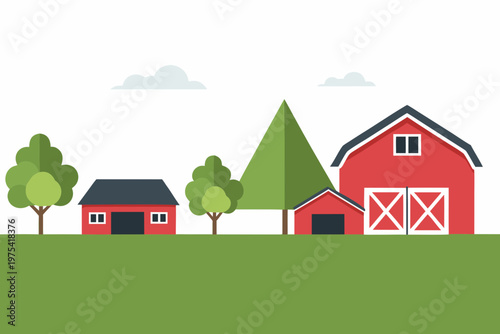 A colorful simplified illustration of a rural farm landscape scene