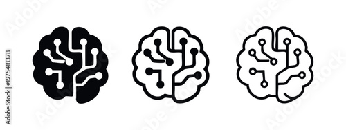 AI Brain Circuit Icon Set - Artificial Intelligence and Technology Digital Mind Symbols