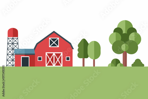 Stylized illustration of a red barn silo and green trees on a lawn