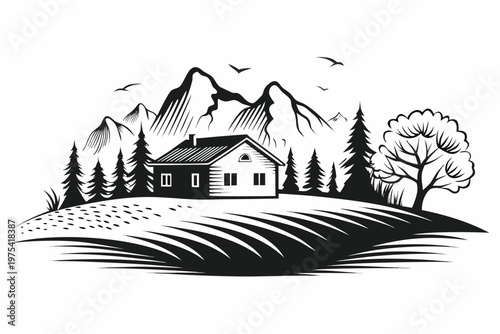 A quaint cabin nestled amongst majestic mountains and evergreen trees