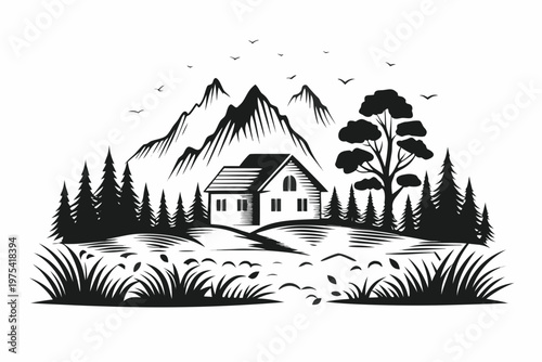 A quaint cabin nestled in a mountainous landscape with evergreen trees