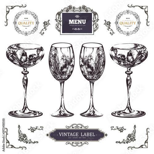 Vintage wine glasses menu design set
