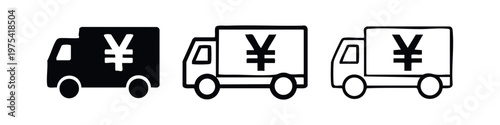 Delivery Truck with Yen Symbol Icon Set, Money Shipping Service Vector, Japanese Currency Transport Logo Icons