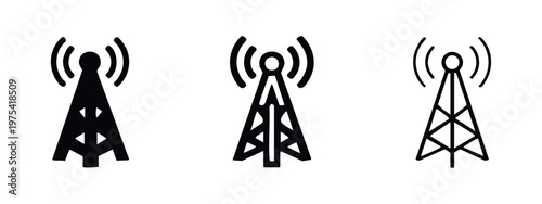Communication Antenna Tower Icon Set, Mobile Network Signal Mast Vector, Broadcast Transmitter Station Icons